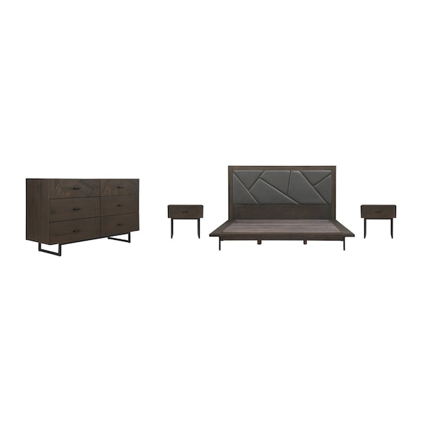 Armen Living Marquis 4 Piece King Size Platform Bed Frame Bedroom Set in Oak Wood with Faux Leather Headboard SETMUBDGRKG4A - main